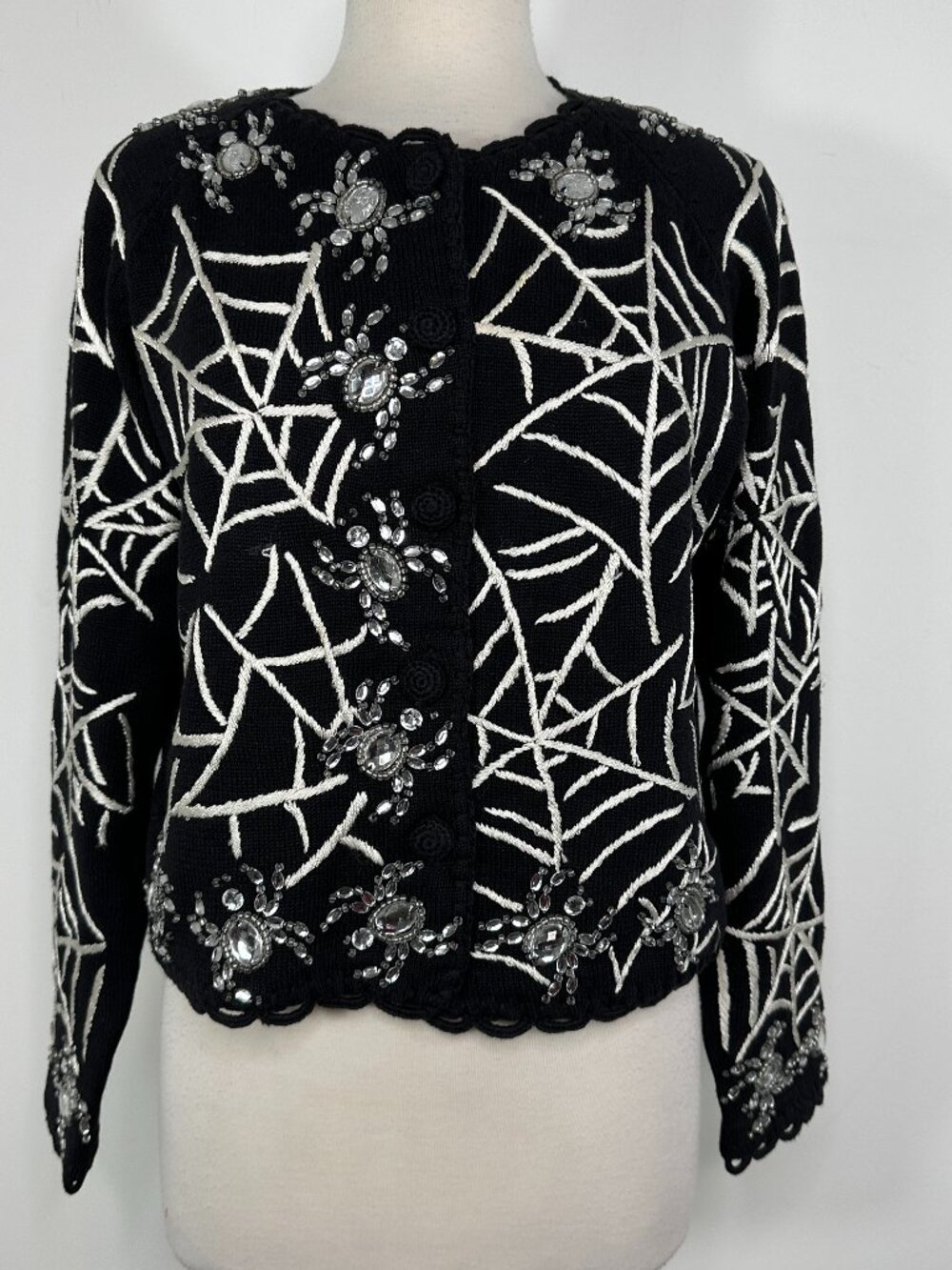 Vtg. Michael Simon Black Embroidered Cristal Spider Cardigan Sweater Sz M New
